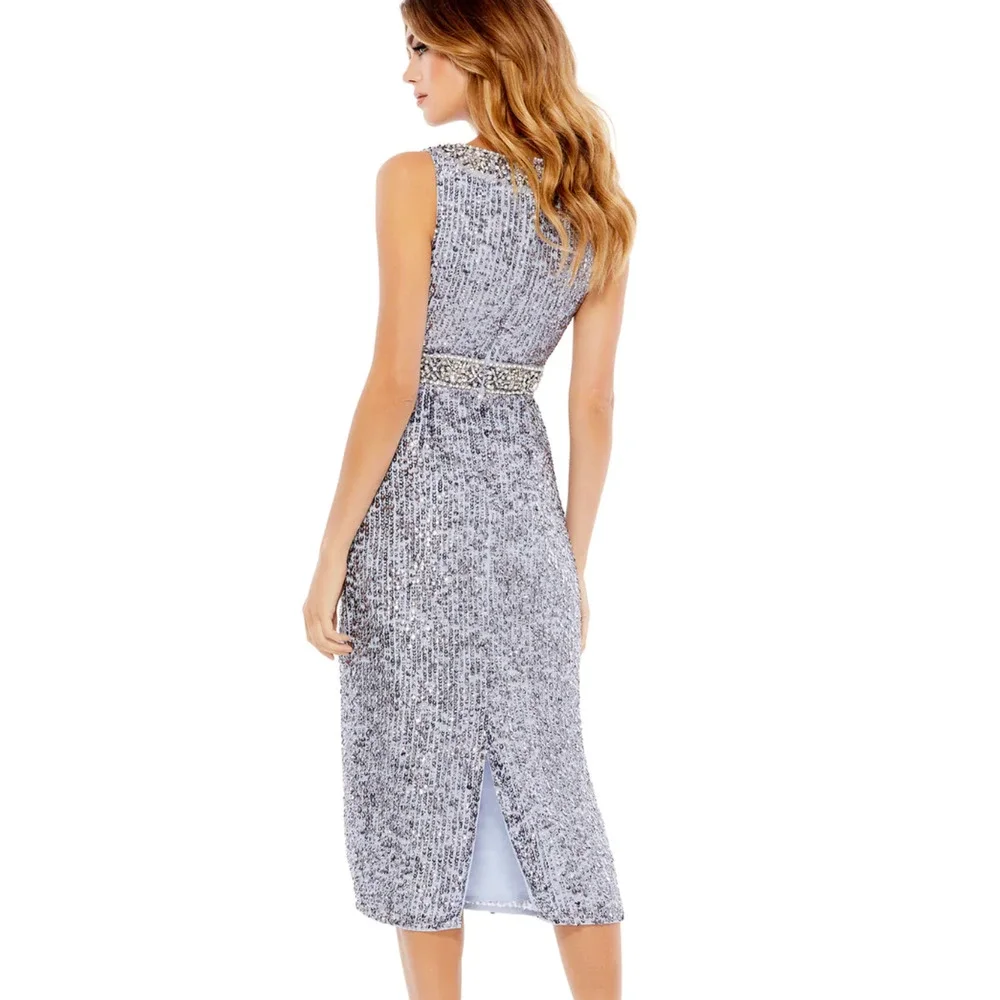 MAC DUGGAL 10739 Steel Gray Blue Embellished Sleeveless High Neck Midi Size 10 - Picture 10 of 10